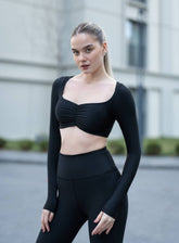 FREYA - FrillFlutter Long Sleeves Crop Top - Black - VECTOR SPORTSWEAR